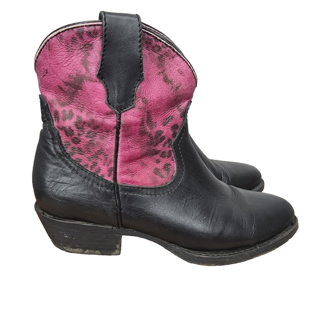 Western Ankle Boots Womens 8.5 Black Pink Leather Leopard Zip Up Cowgirl Booties